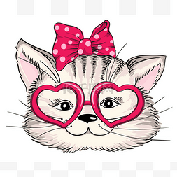 画像手图片_时尚的时髦猫在心眼镜上白色孤立