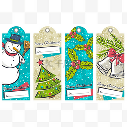 老式圣诞节标签与雪人、 树、 钟