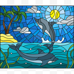 插图在彩色玻璃风格与海豚在背景