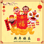 复古中国新年海报设计与财富 & 中国十二生肖神猴，中国措辞意义: 新春快乐、 富有 & 最好繁荣