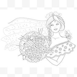 新娘花束图片_彩色书的黑白页。美丽的女孩与花
