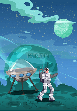 卡通平面插画图片_宇航员探索外星星球星舰。宇航员
