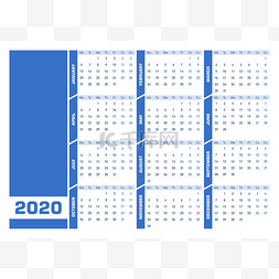 日历空白素材图片_蓝色2020英文日历。可打印横向版
