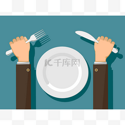 叉子和刀在头像手中靠近白色空板