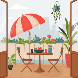 舒适的夏季阳台，有阳伞、小桌子