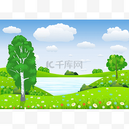 绿色湖泊图片_绿色景观与树云花