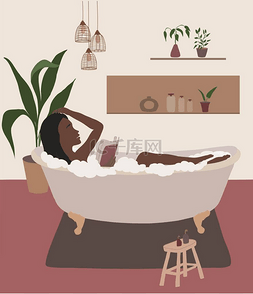 黑人妇女在浴缸墙壁艺术中读书。