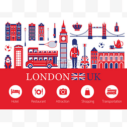 伦敦， 英国和旅游住宿图标
