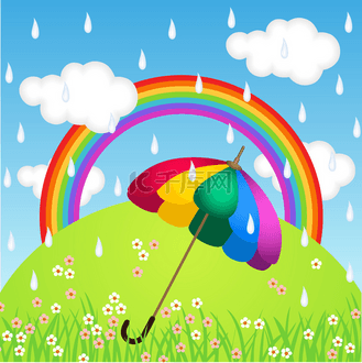 在下雨的天空彩虹色雨伞