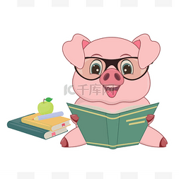 戴眼镜的猪图片_可爱的卡通猪与眼镜和书籍旁边铅