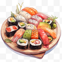 美食背景元素图片_美食一盘寿司卷手绘元素