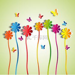 抽象的纸花-纸蝴蝶-春天主题卡-矢