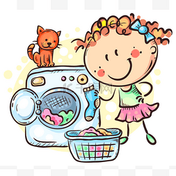 用洗衣机洗衣服的女孩