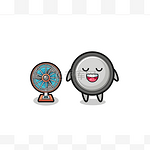 cute button cell is standing in front of the fan , cute design