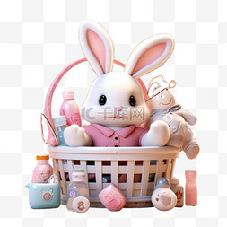 粉色兔子清洁家居元素立体免扣图