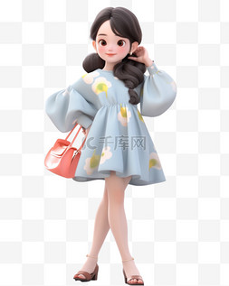 少女数字图片_3D立体卡通人物形象少女碎花裙