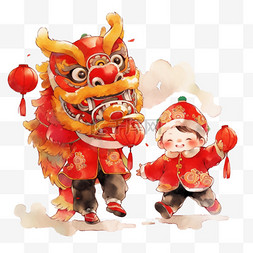 可爱醒狮图片_新年手绘可爱孩子舞狮元素