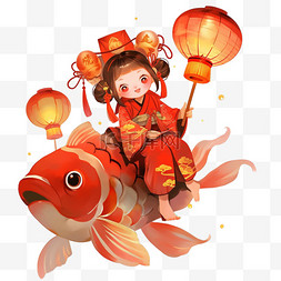 女孩手绘图片_新年可爱孩子坐在鲤鱼上元素卡通