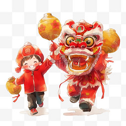 可爱醒狮图片_新年可爱孩子手绘舞狮元素