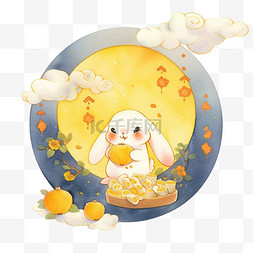 中秋节手绘可爱的兔子吃着月饼赏