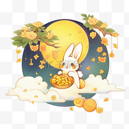 桂花树手绘图片_可爱的兔子中秋节吃着月饼赏月手