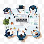 办公桌面视图商务会议平面web信息图概念。工作人员表报告分析工作平板电脑笔记本电脑空背景。集思广益制定报告计划。创意人群集合。