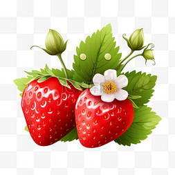 新鲜的草莓水果图片_成熟草莓与叶子和开花矢量集