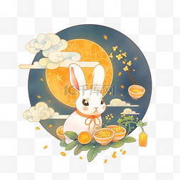 手绘桂花树图片_中秋节可爱的兔子元素吃着月饼赏
