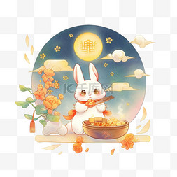拿月饼的兔子图片_中秋节赏月手绘可爱的兔子吃着月
