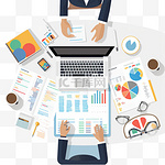 办公桌面视图商务会议平面web信息图概念。工作人员表报告分析工作平板电脑笔记本电脑空背景。集思广益制定报告计划。创意人群集合。