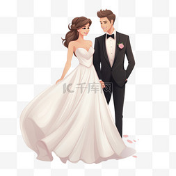 婚礼请柬卡片图片_身着婚纱的可爱新郎新娘卡通形象