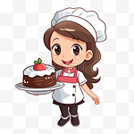 可爱的厨师女孩穿着制服，手持蛋糕餐厅标志，卡通艺术插图