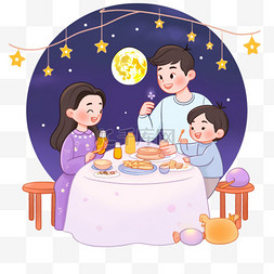 在桌子前图片_中秋节团圆手绘元素家人团聚望月