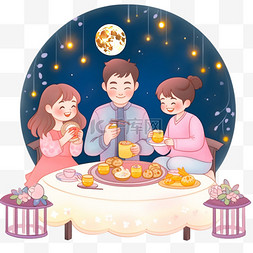 中秋节手绘团圆家人团聚望月元素