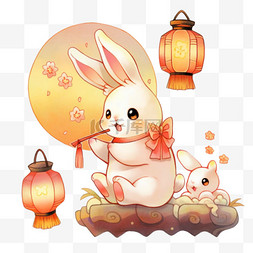 中秋节兔子卡通灯笼手绘元素