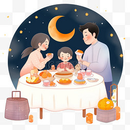 中秋节团圆吃月饼图片_中秋节团圆家人元素团聚望月手绘