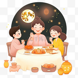 家人围坐图片_中秋节团圆手绘家人团聚望月元素