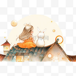 中秋节兔子女孩望月手绘元素卡通