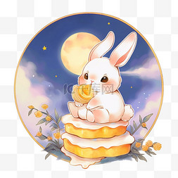 望月图片_中秋节手绘兔子月饼望月元素