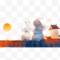 卡通中秋节兔子女孩望月手绘元素