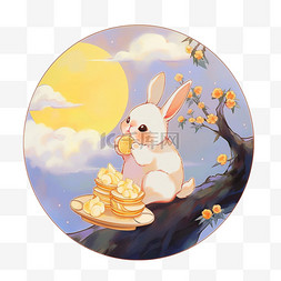 月饼上图片_手绘中秋节兔子月饼望月元素