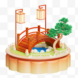 3D立体C4D中秋场景建筑月饼桥