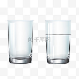 水杯白色图片_空的、半的和满的水杯。矢量插图