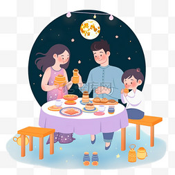 手绘圆月亮图片_团圆家人团聚望月手绘元素中秋节