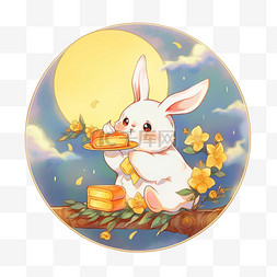 蓝色月饼月饼图片_元素中秋节兔子月饼望月手绘
