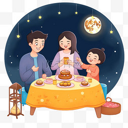 家人围坐图片_中秋节团圆家人团聚手绘望月元素