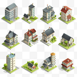 联排别墅建筑图标与城市景观等距