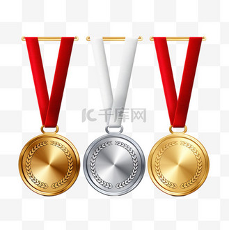 颁发金银和铜质空白奖牌，用丝带现实插图，第一，第二和第三名奖牌，桂叶质量空白，空白徽章徽章，红丝带