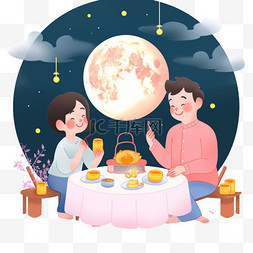 中秋节团圆元素家人团聚望月手绘