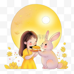 中秋节卡通可爱的女孩和兔子赏月